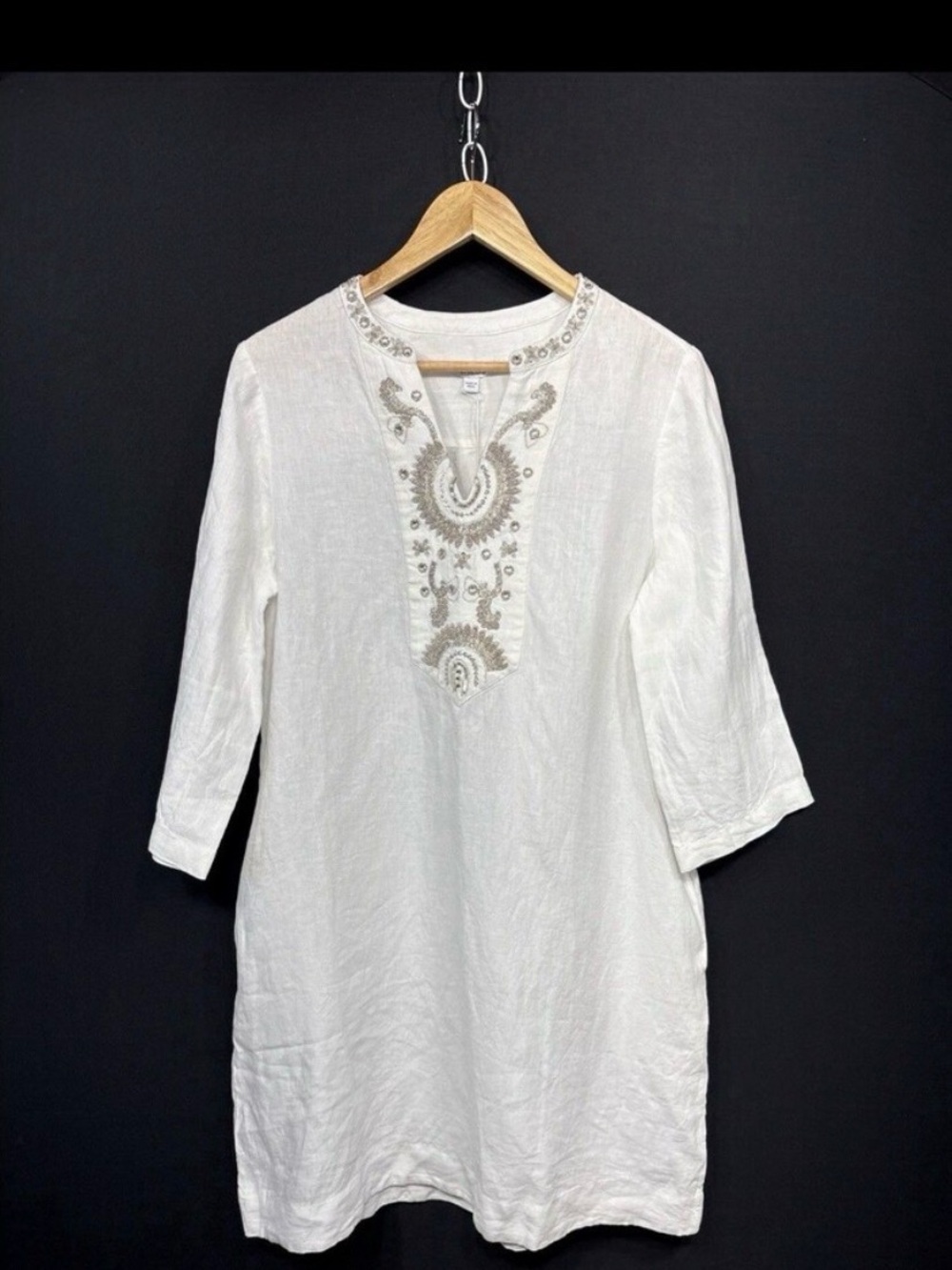 CHICOS Linen Alabaster White Silver Embellished Tunic Short Dress Size 1 US8 NWT
